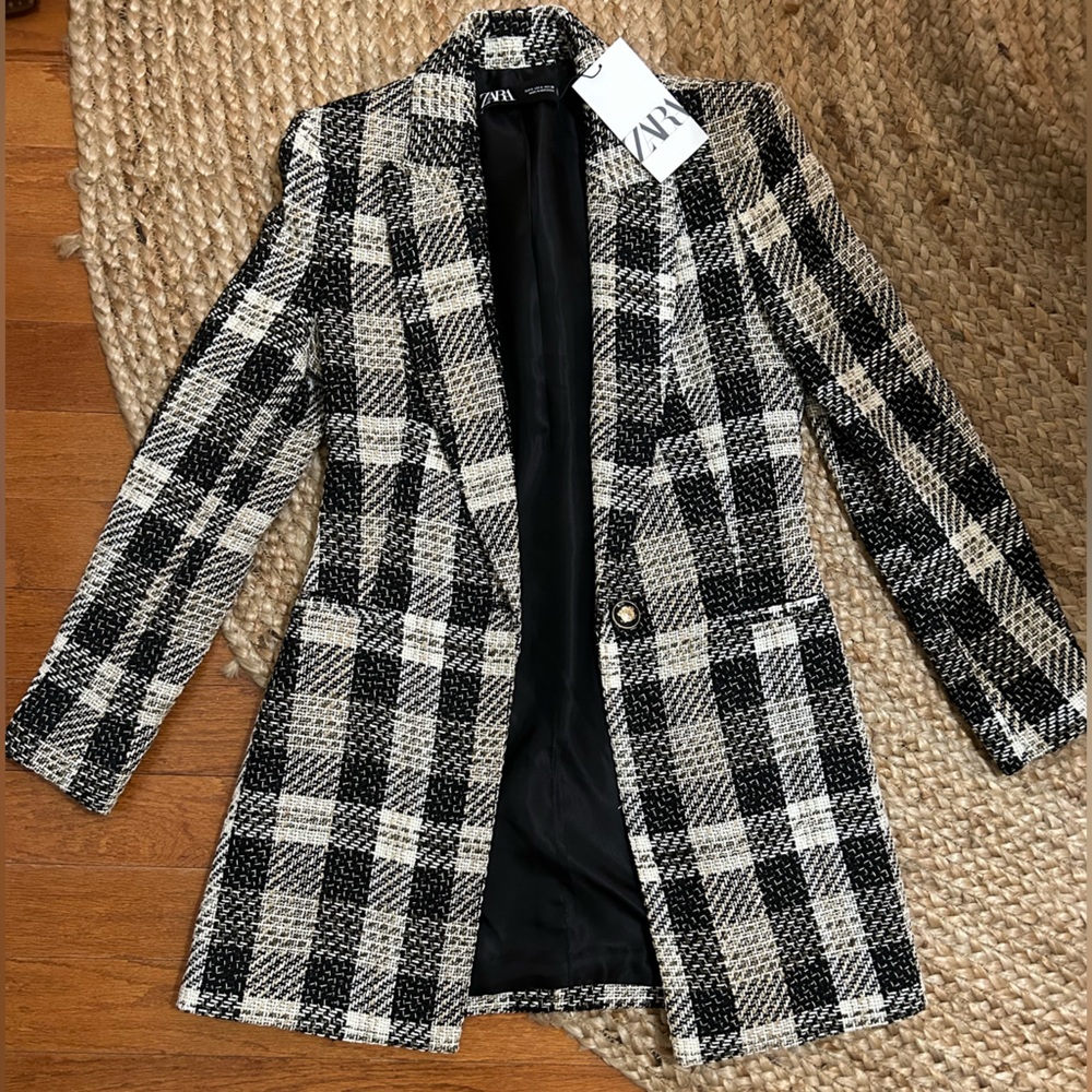 Zara Longline Tweed Plaid Blazer Size Small